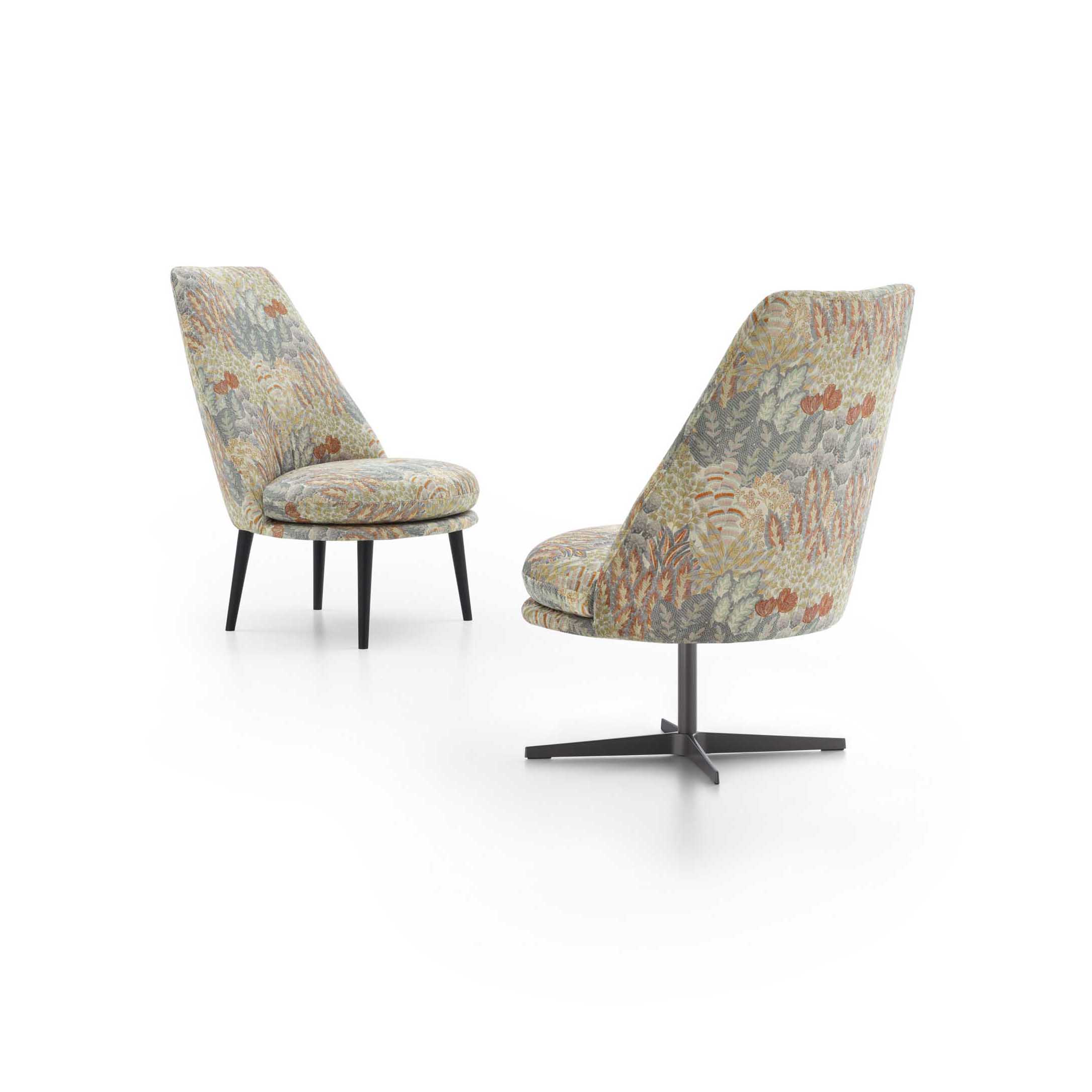 Armchair in two versions: swivel and fixed with a high backrest.