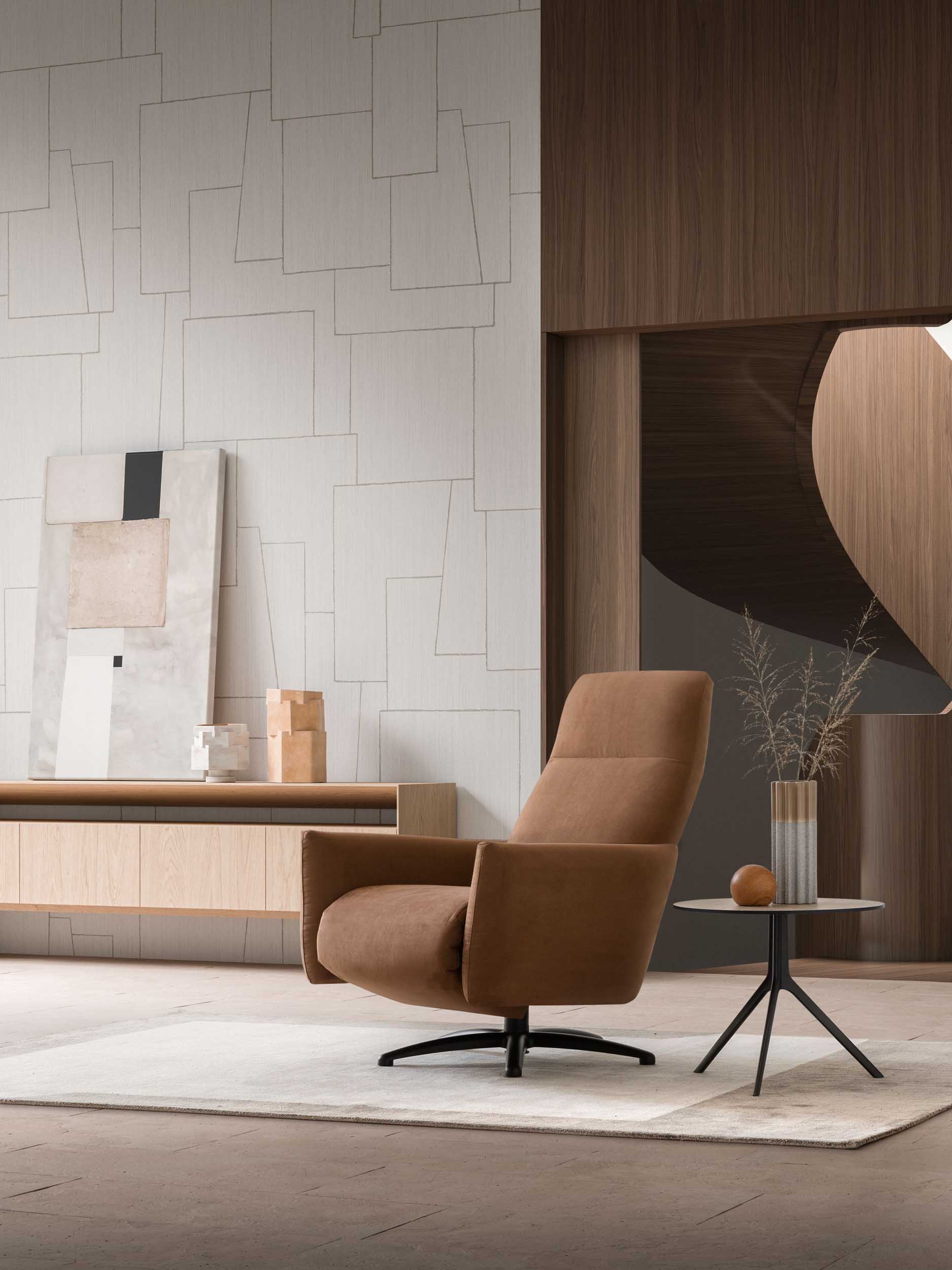 Comfortable brown recliner armchair in a modern warm-toned decor