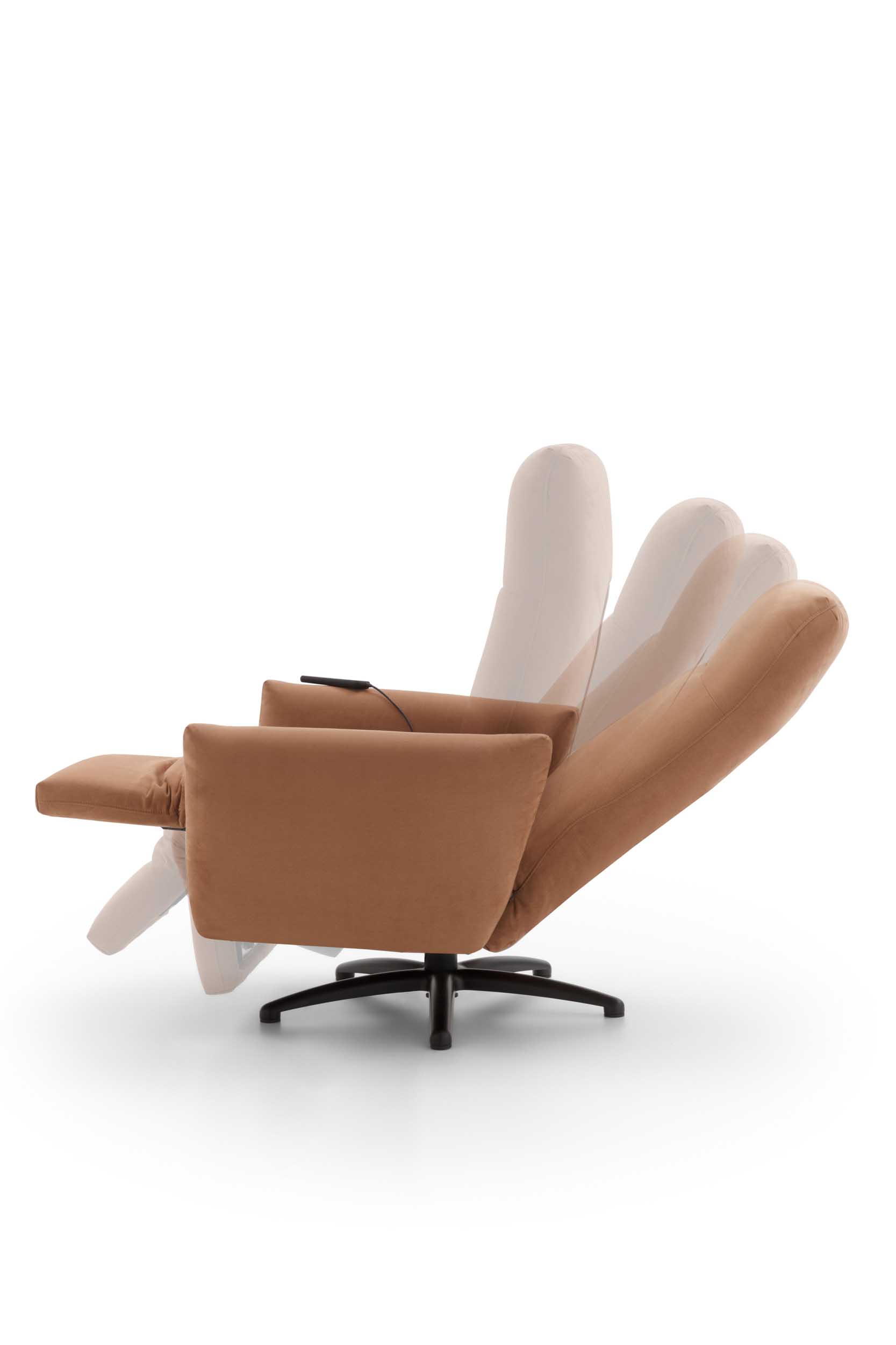 Electric recliner mechanism in action for an armchair.