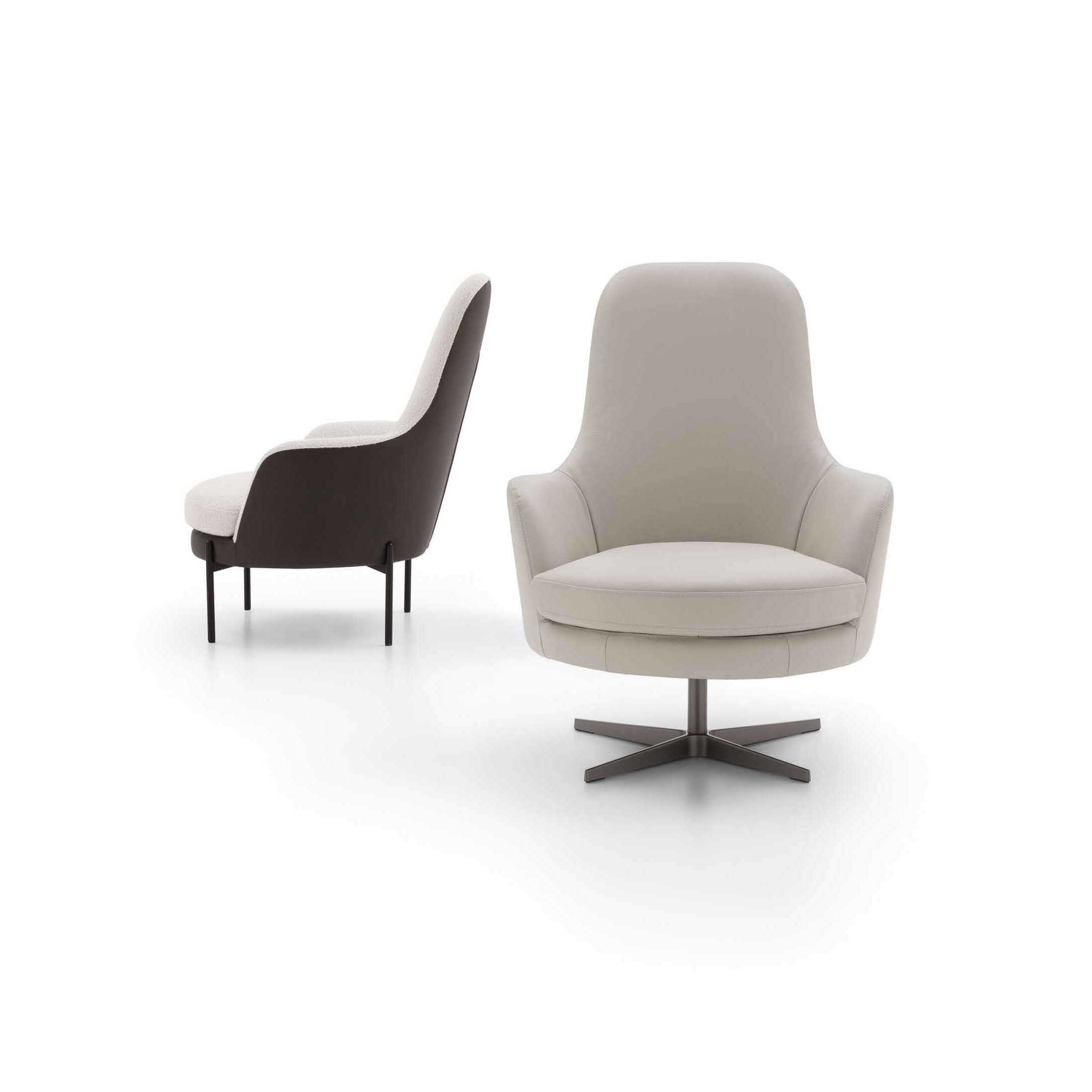 Armchair with high backrest in two versions: fixed or swivel base.