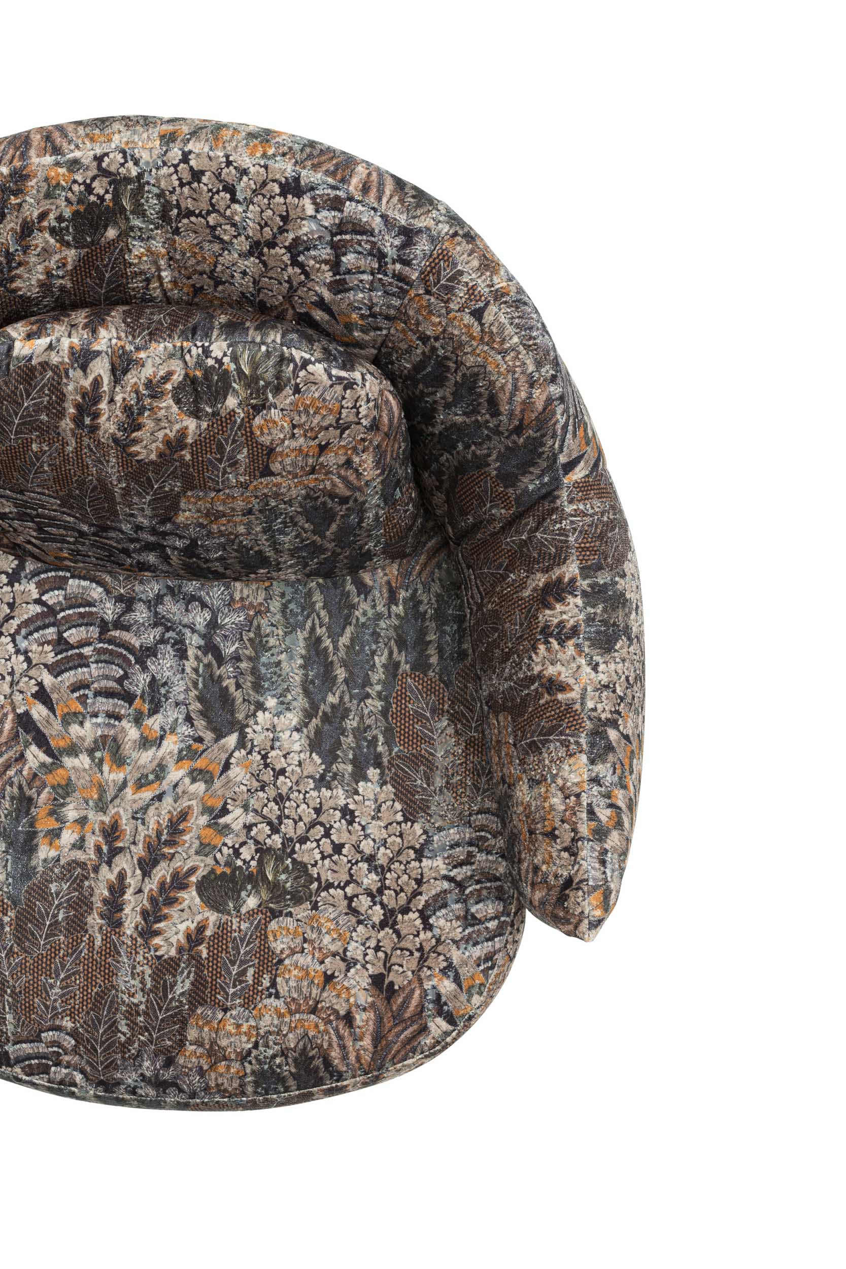 Top view detail of an armchair with a cushion resting on the backrest.
