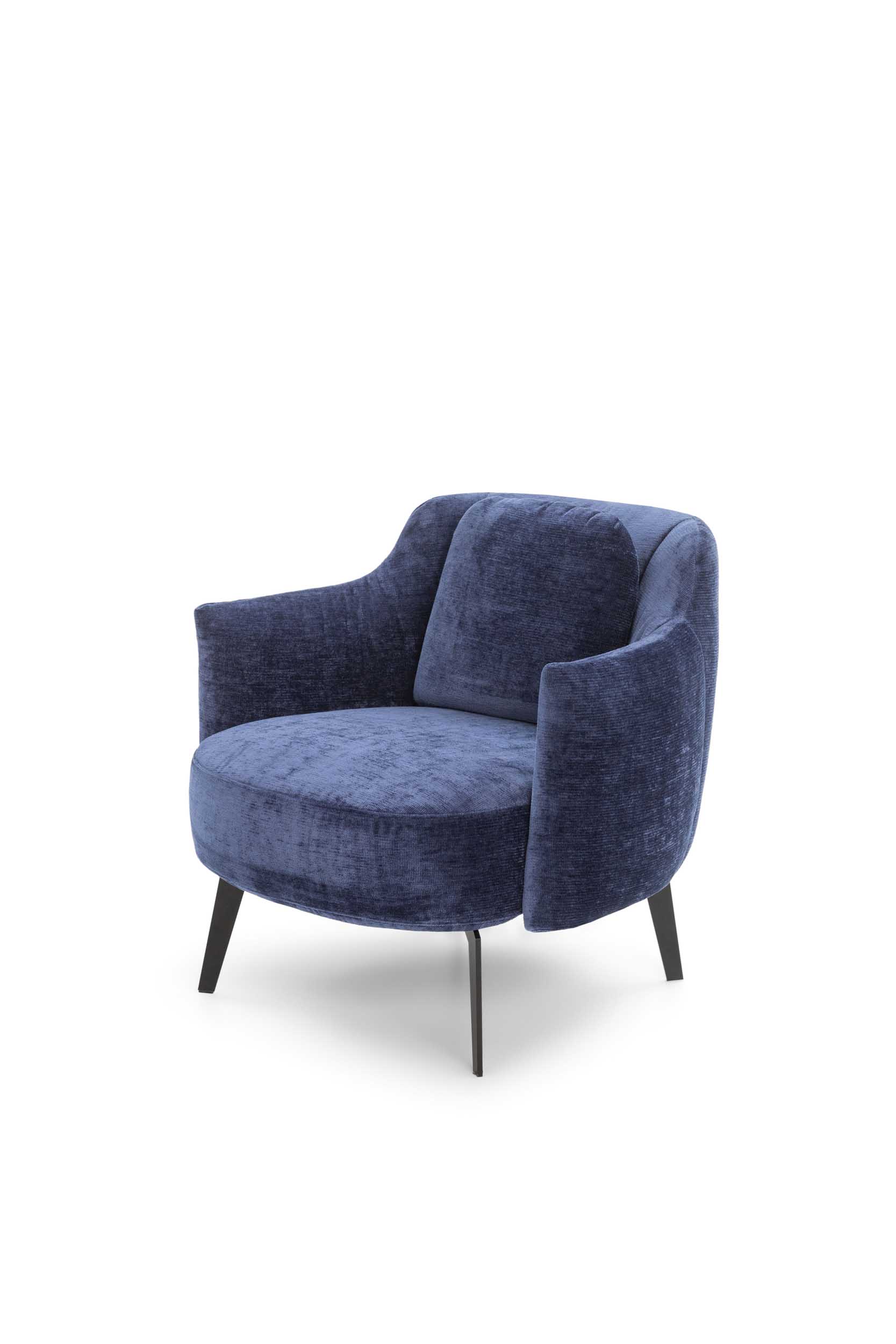 Shelley armchair in midnight blue with a fixed structure. Modern design with a padded cushion.