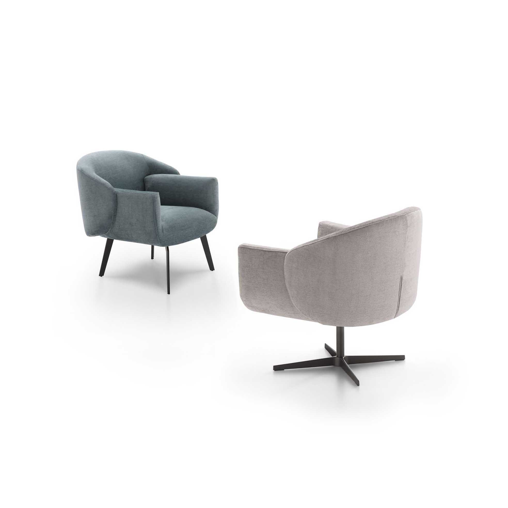 Wrap armchair with fixed or swivel base, available in various colors.