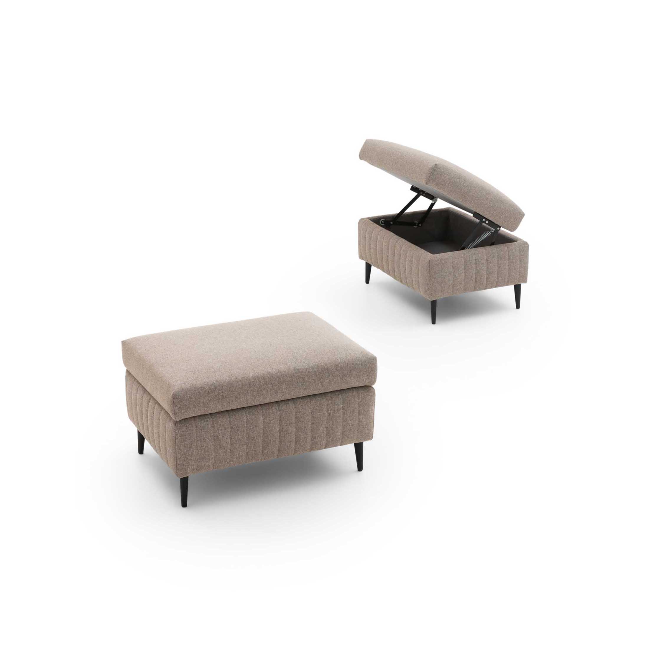 Modern rectangular pouf with storage. Open and closed view