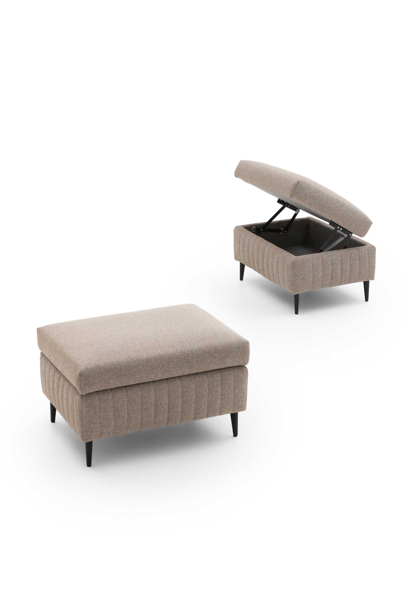 Modern rectangular pouf with storage. Open and closed view