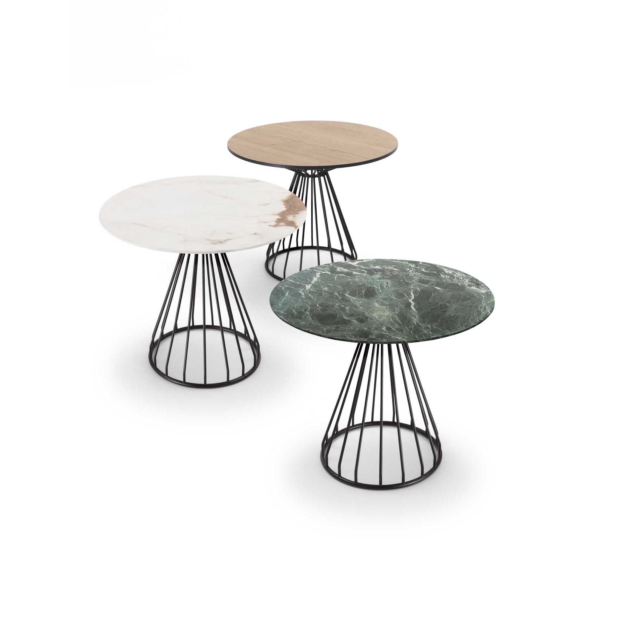 Tables with a metal cage structure and tops in gres and laminate.