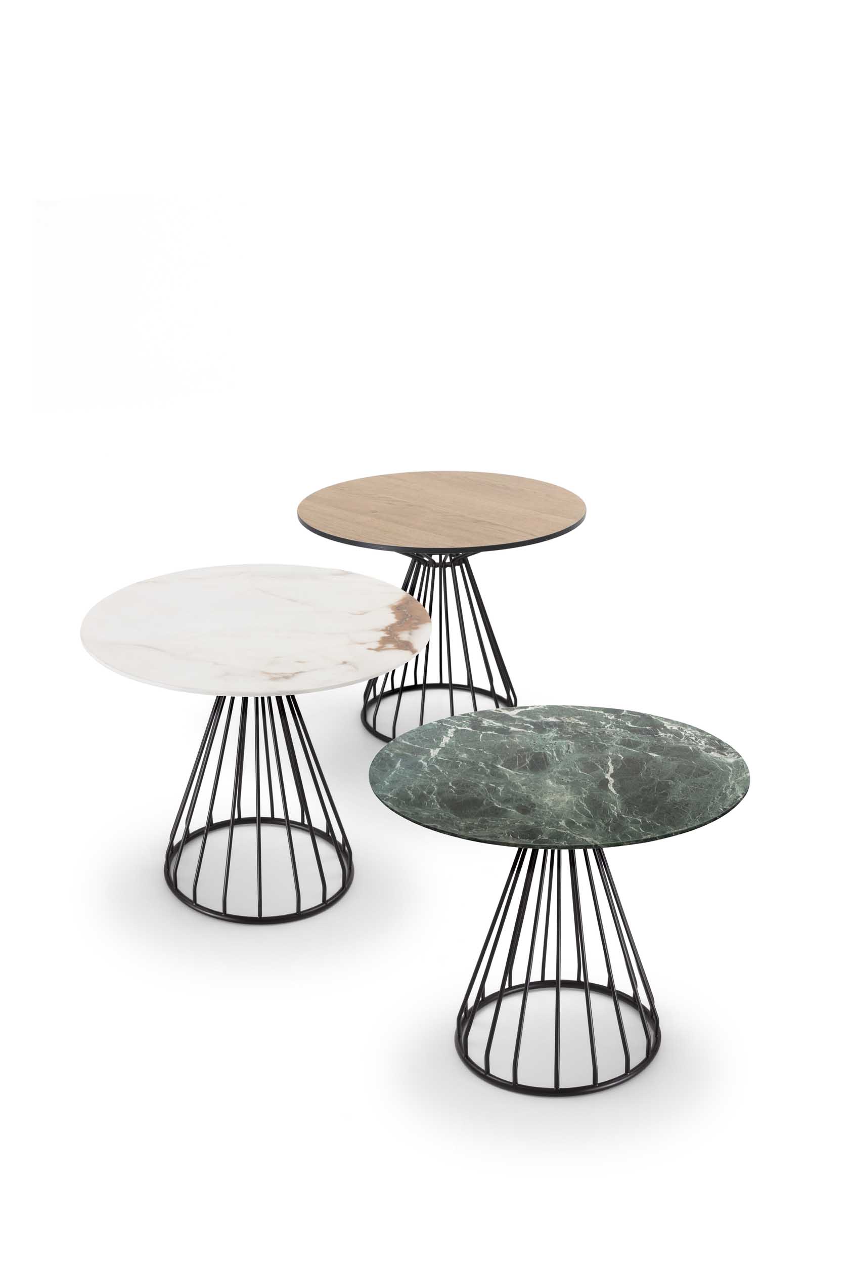 Tables with a metal cage structure and tops in gres and laminate.