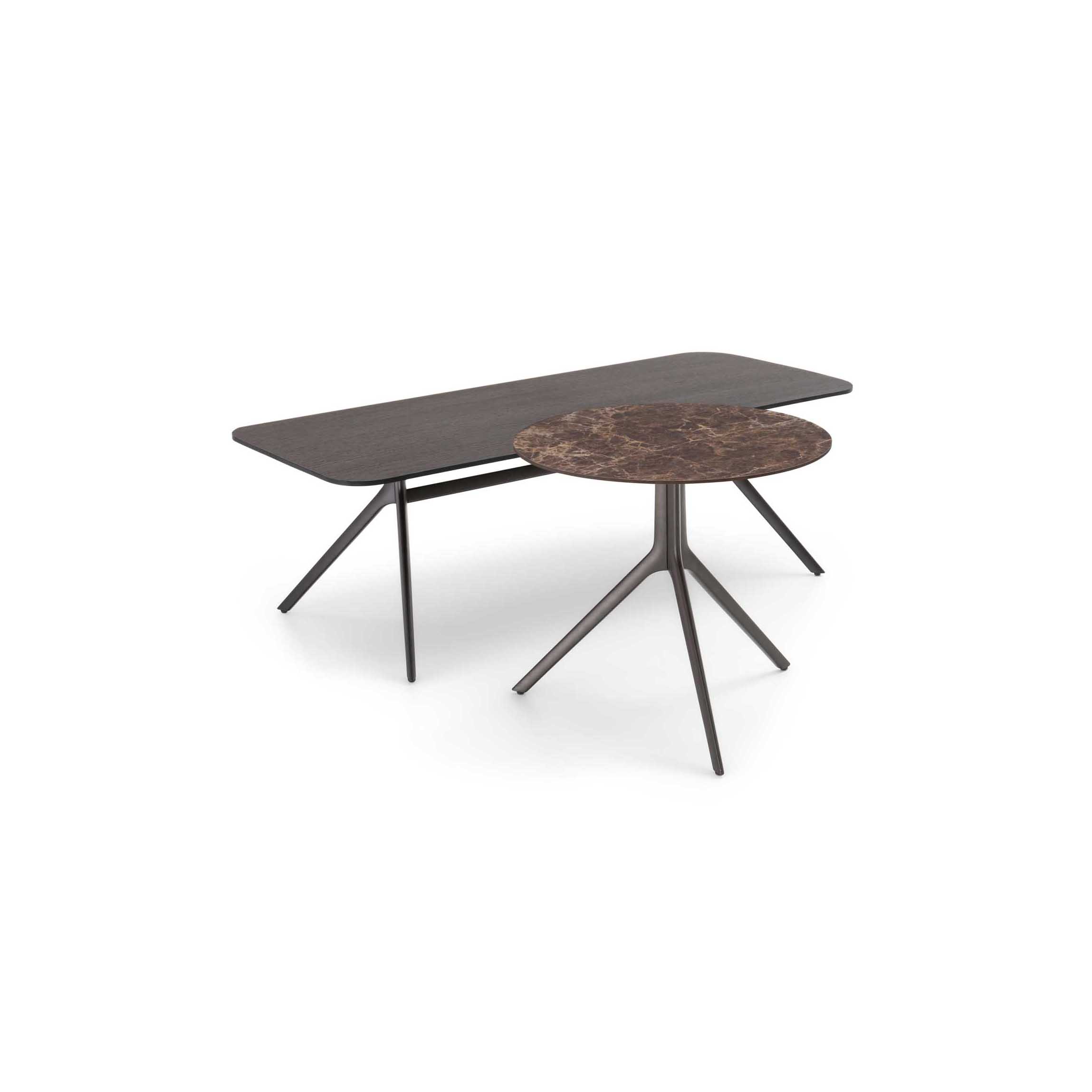 Set of Silky LeComfort coffee tables: round and rectangular.