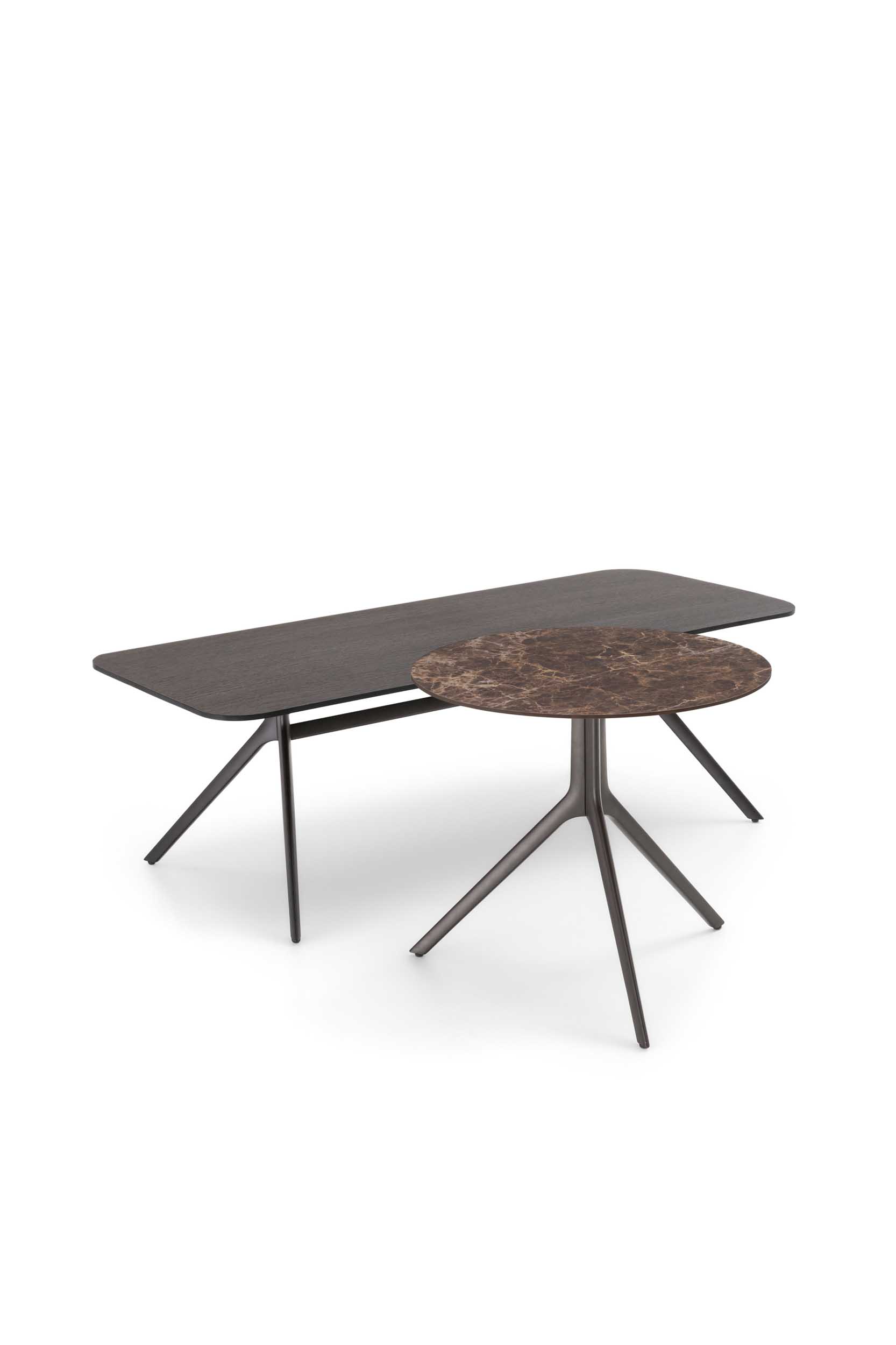 Set of Silky LeComfort coffee tables: round and rectangular
