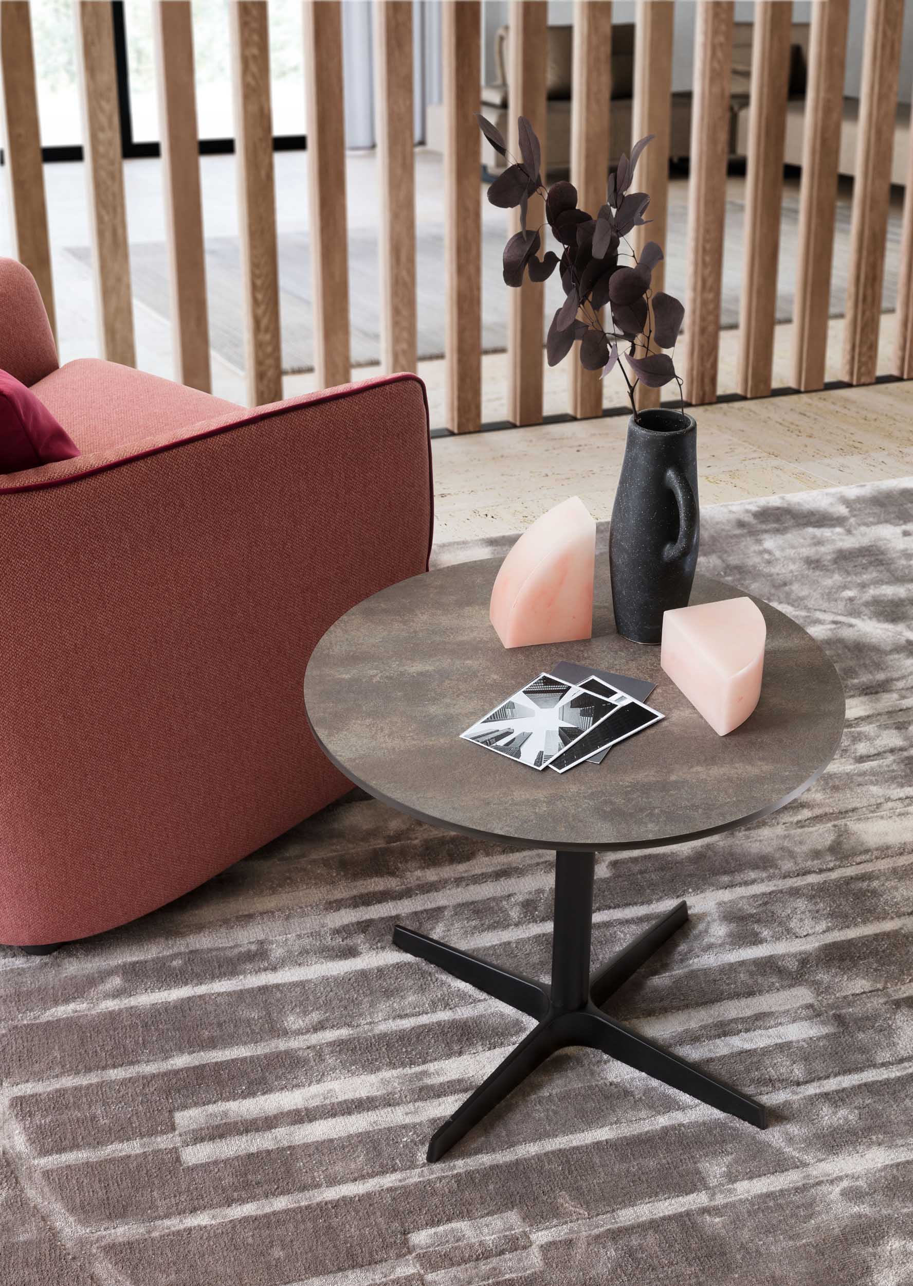 Round Oxun stone coffee table in a modern setting.