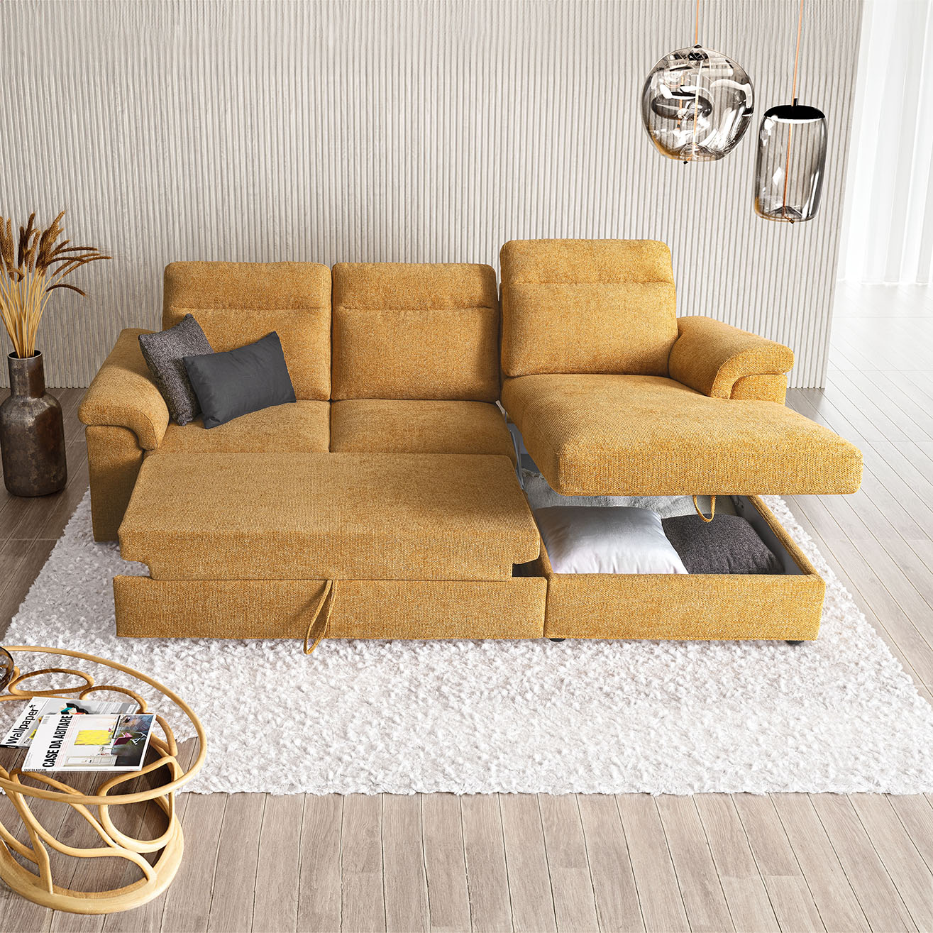 Three-seater sofa with a storage chaise lounge.