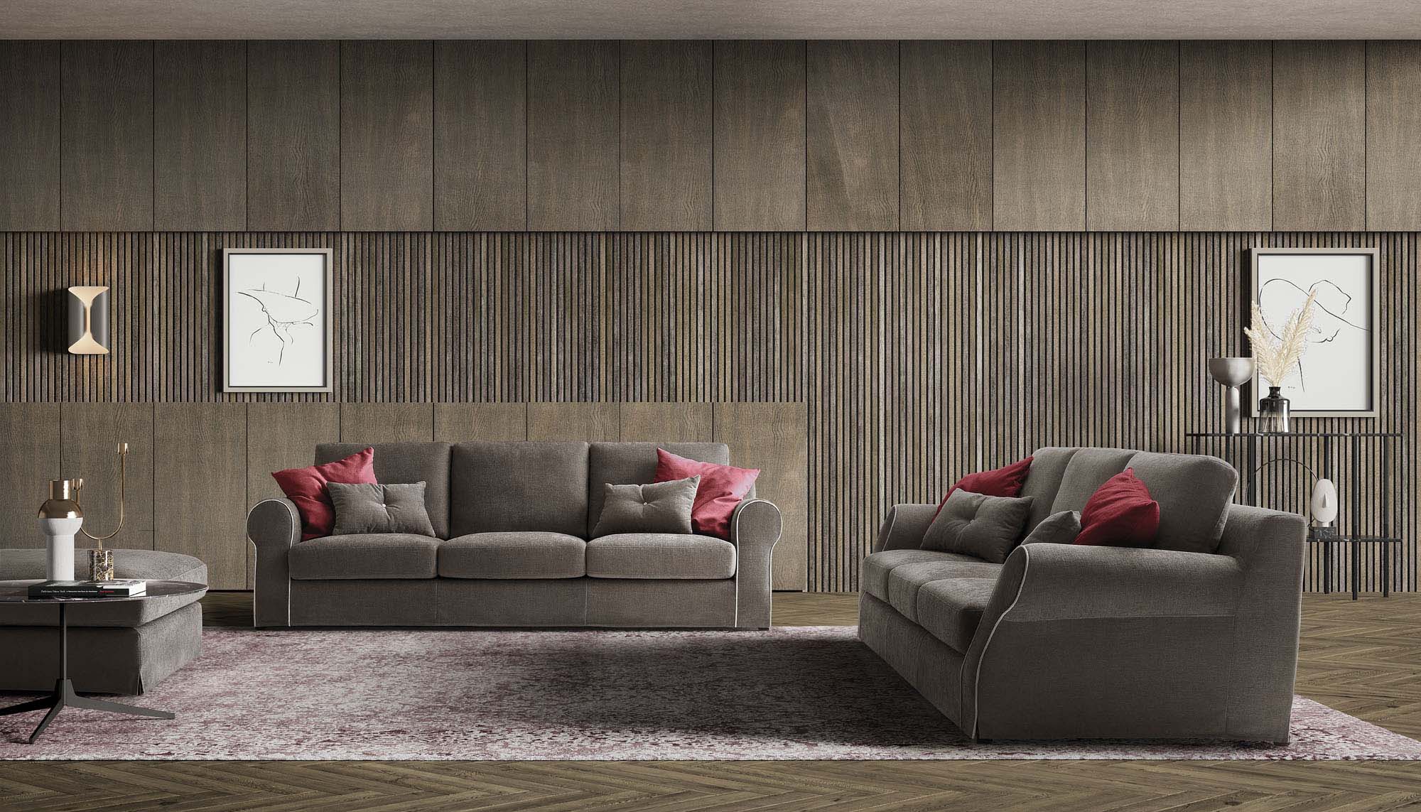 Classic living room furnished with a dark grey sofa in a classic shape and style