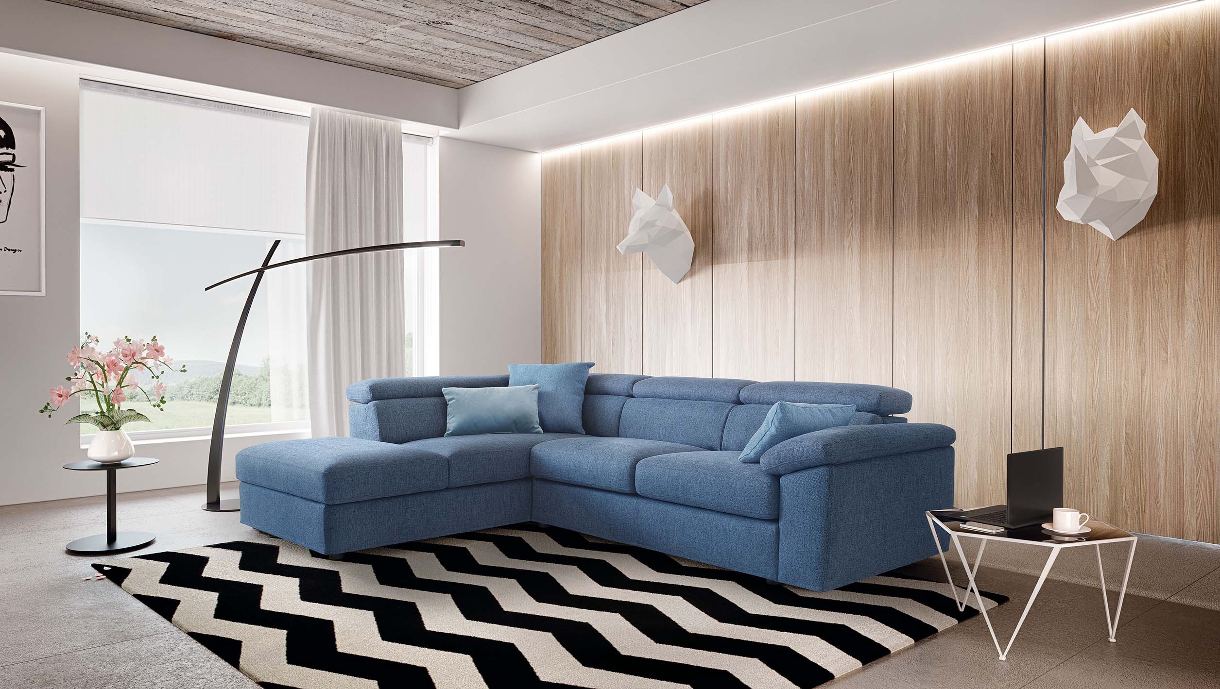 Sofa with chaise longue and adjustable headrests in light blue. Classic style