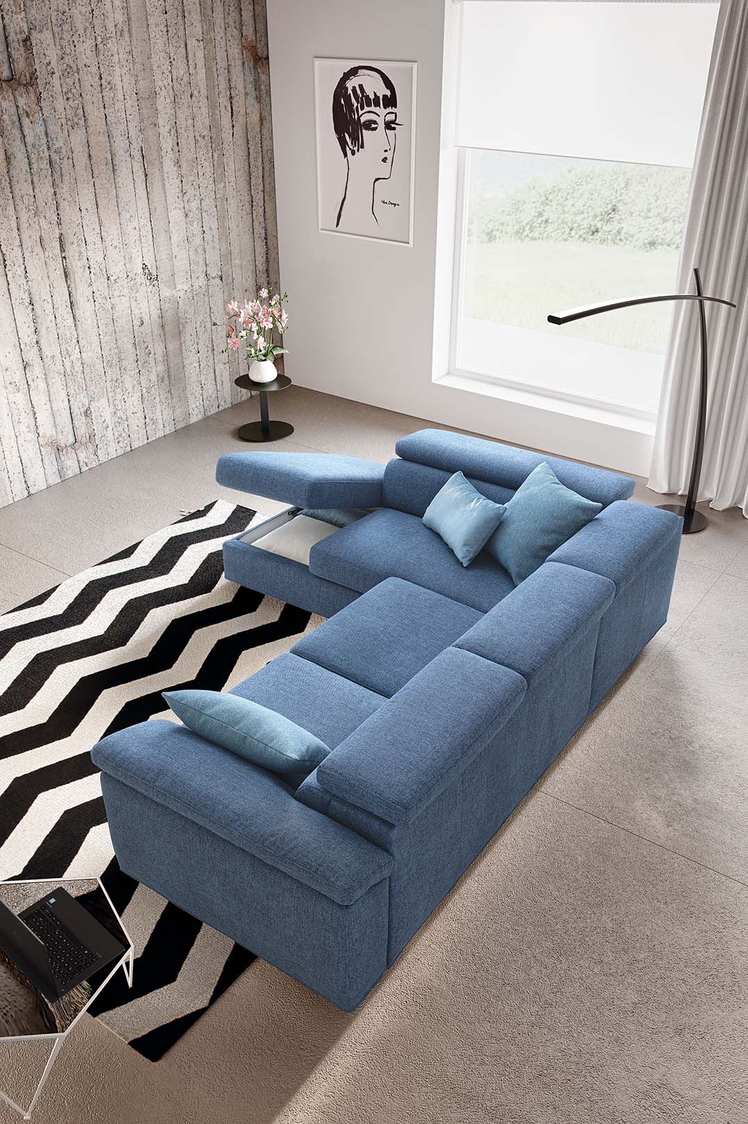 Sofa with chaise longue that becomes a convenient storage