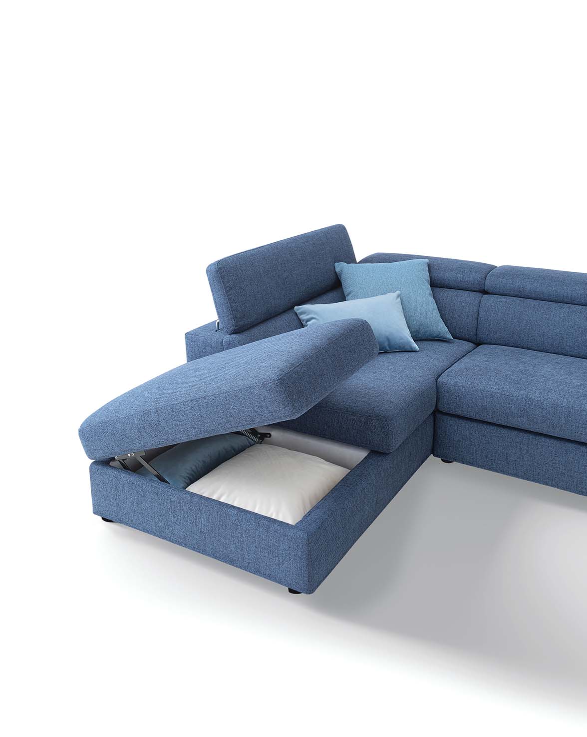 Open storage of a modular corner sofa with various storage sizes