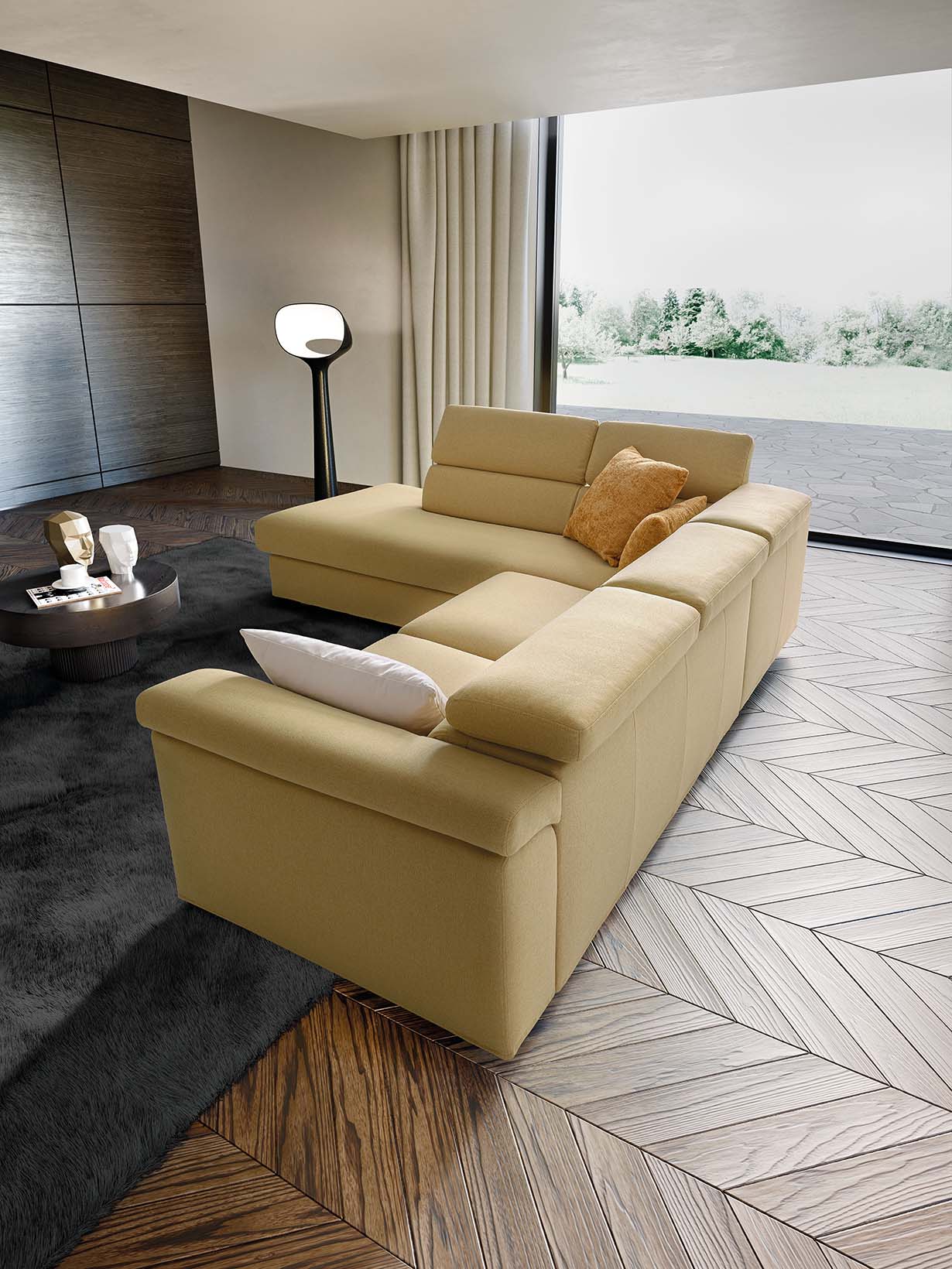 Modular sofa in a corner composition with a backrest that runs along the entire perimeter. Yellow fabric upholstery