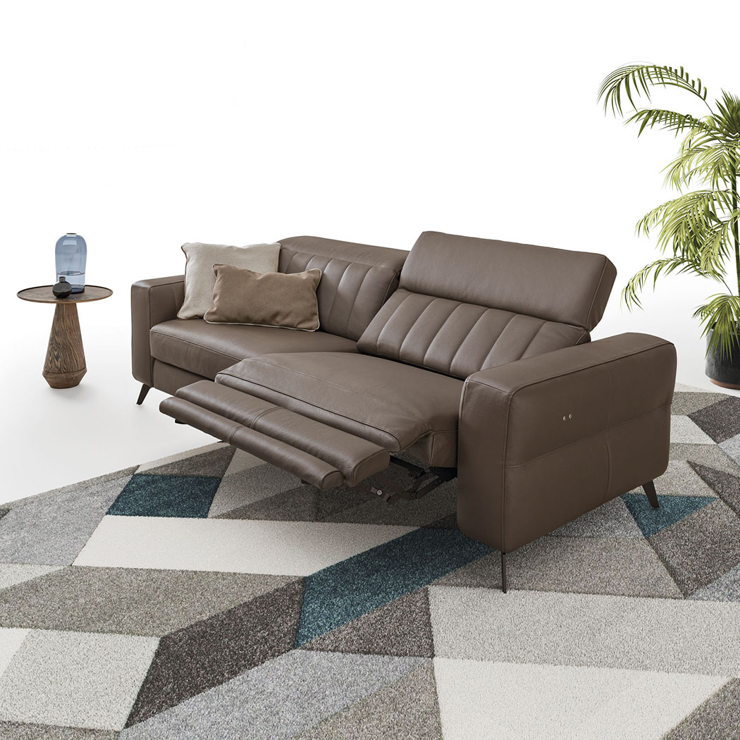 Two-seater leather sofa with a comfortable reclining mechanism.